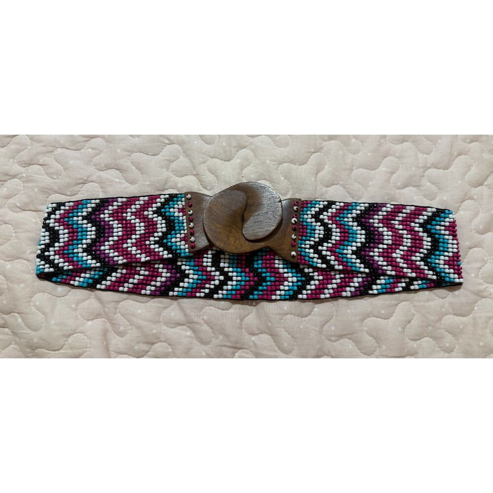 Vintage Handmade Beaded Stretch Belt Wood Hook Clasp Boho Tribal S. Western 30"